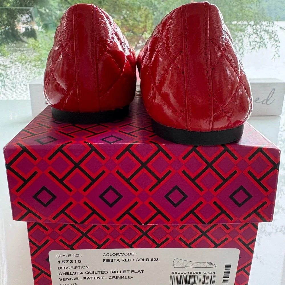 Tory Burch chelsea quilted ballet flat vince patent crinkle, fiesta red/gold sz6 - Picture 4 of 13